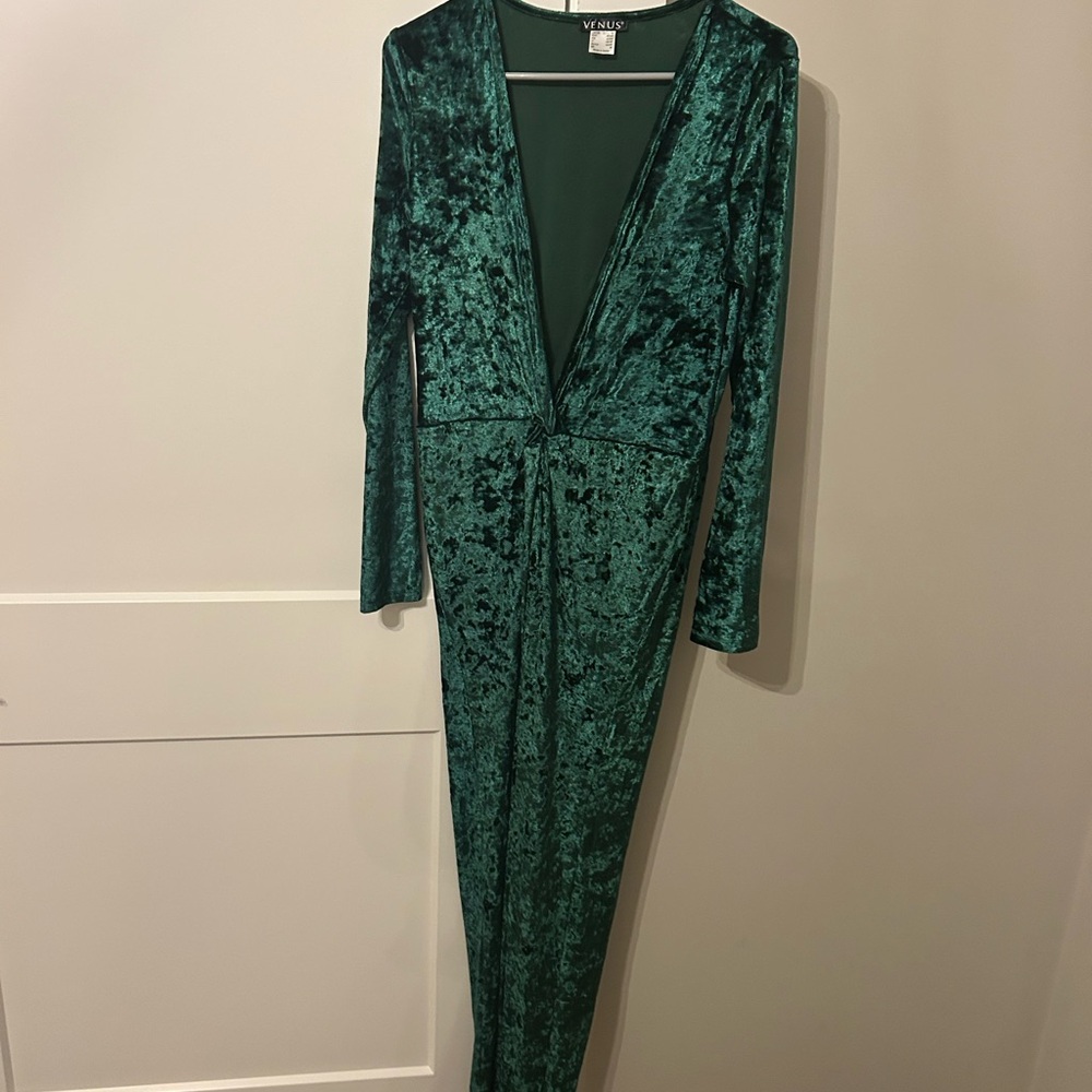 VENUS Velvet Jumpsuit in Rich Teal - Picture 4 of 5